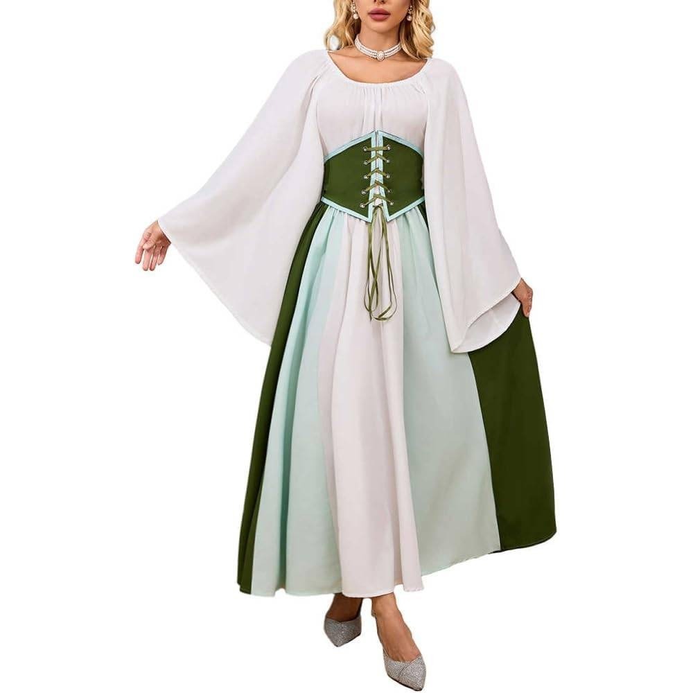 White and Olive Green Maxi Dress with Corset Waist